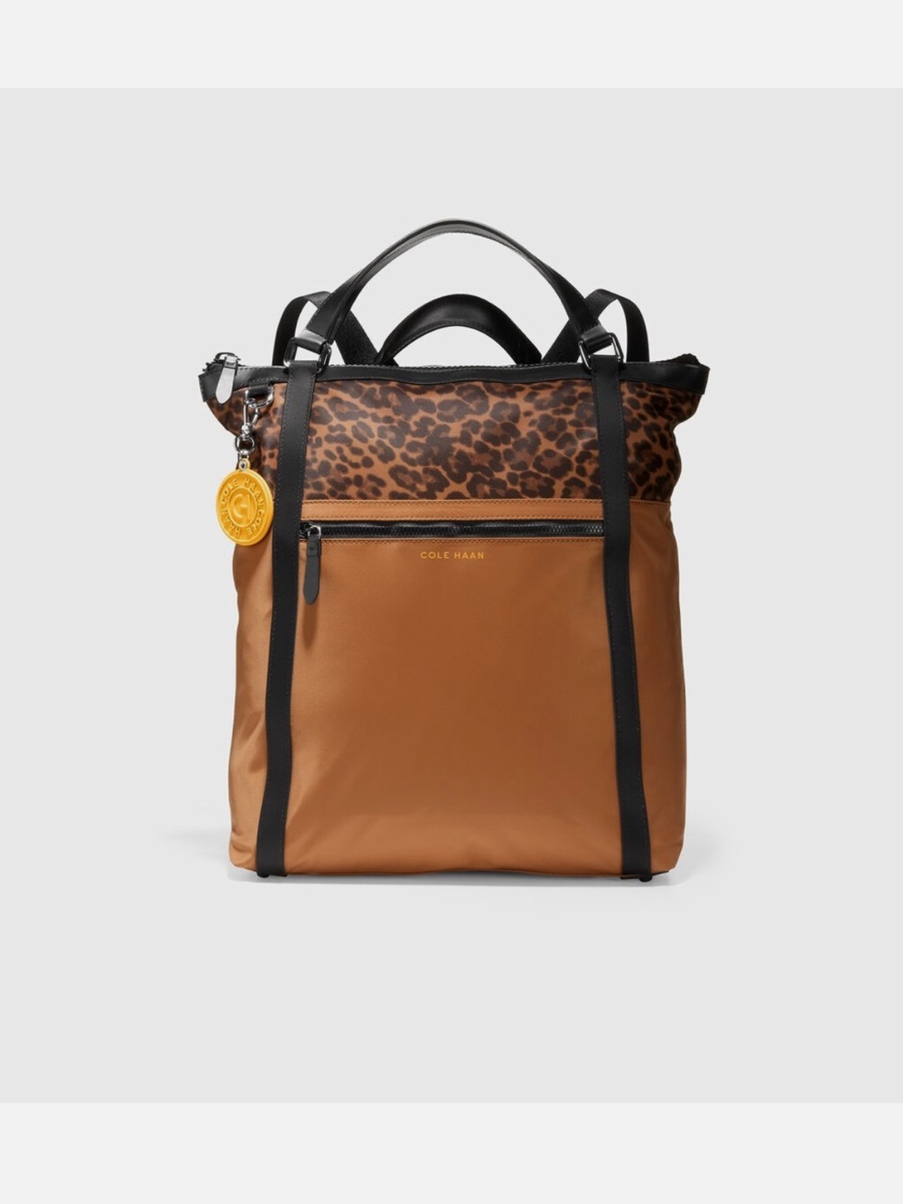 Cole Haan Brown Tote Backpack with Leopard Accent and Black Trim